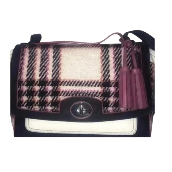 Coach 2-Way Leather & Tweed Shoulder Bag w/Handle & Shoulder Strap Wht/Blk/Pnk - Picture 1 of 12